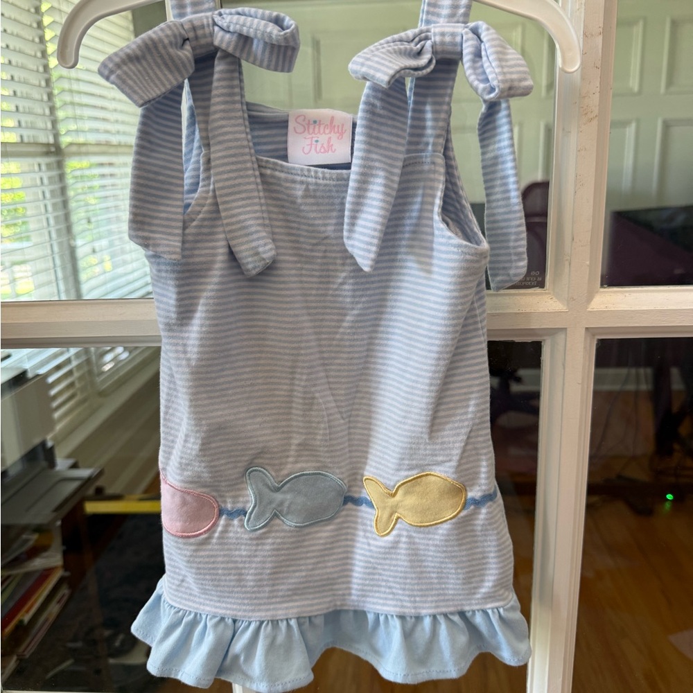 Stitchy Fish Girls' Light Blue Striped Fish Appliqué Dress